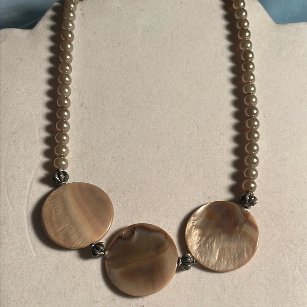 Cream and Tan Necklace with Minimalist Circular Mother of Pearl  Design